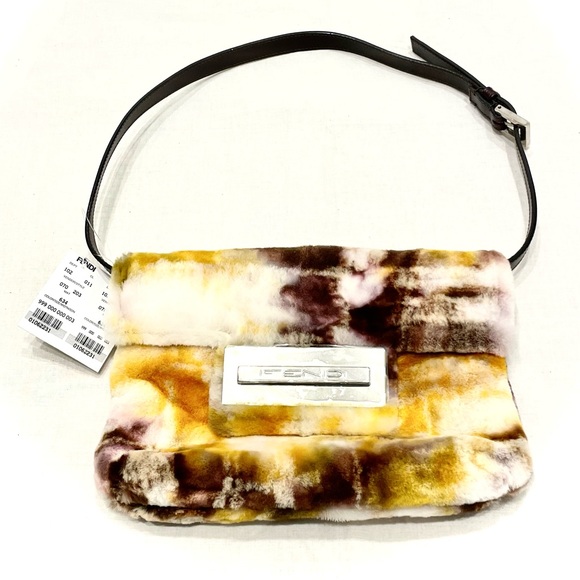FENDI NWT RARE Fur Vintage Leather Multicolor Silver Yellow Small Baguette Purse - Picture 15 of 15